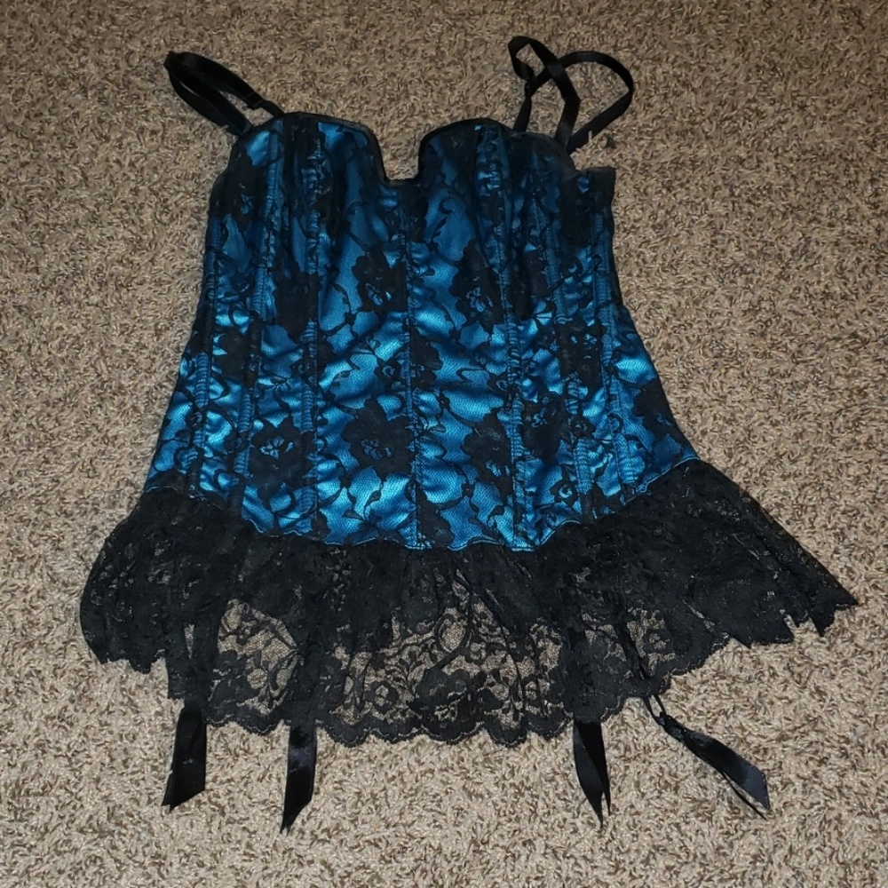 Medium blue black lace Fredricks boned corset top